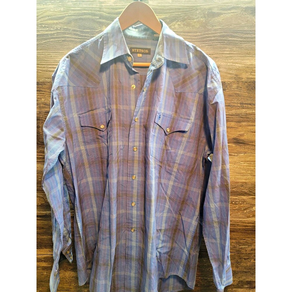 Stetson Blue White Plaid Woven Button-Up Long Sleeve Shirt Men's Size L